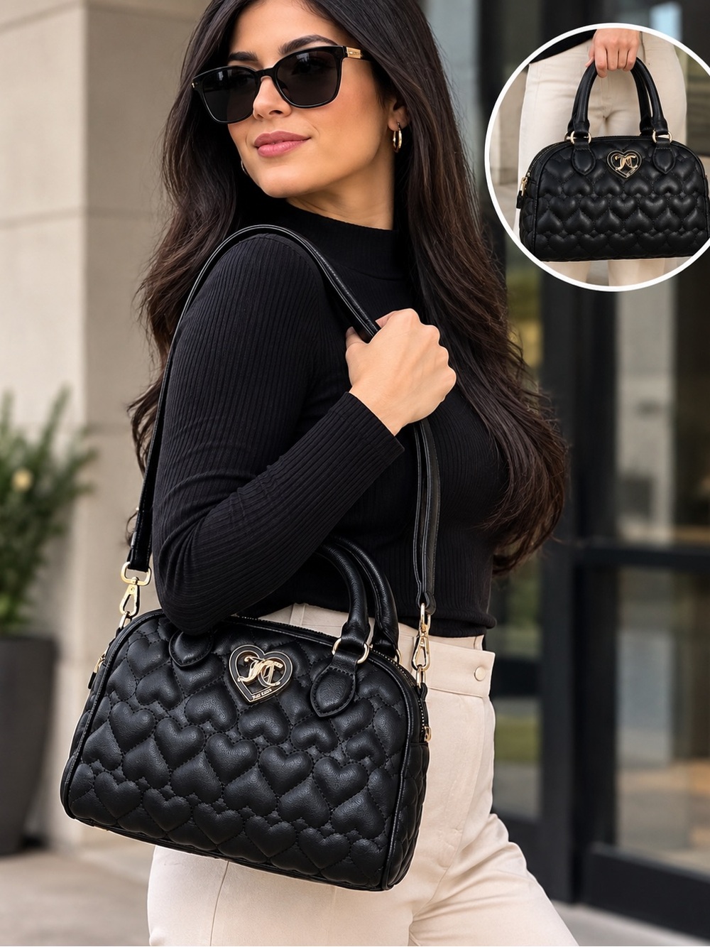 Black Quilted Heart Satchel Handbag - Elegant Everyday Carry